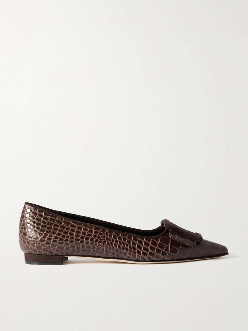 Manolo Blahnik Maysale 10 Buckled Suede-trimmed Croc-effect Leather Point-toe Flats