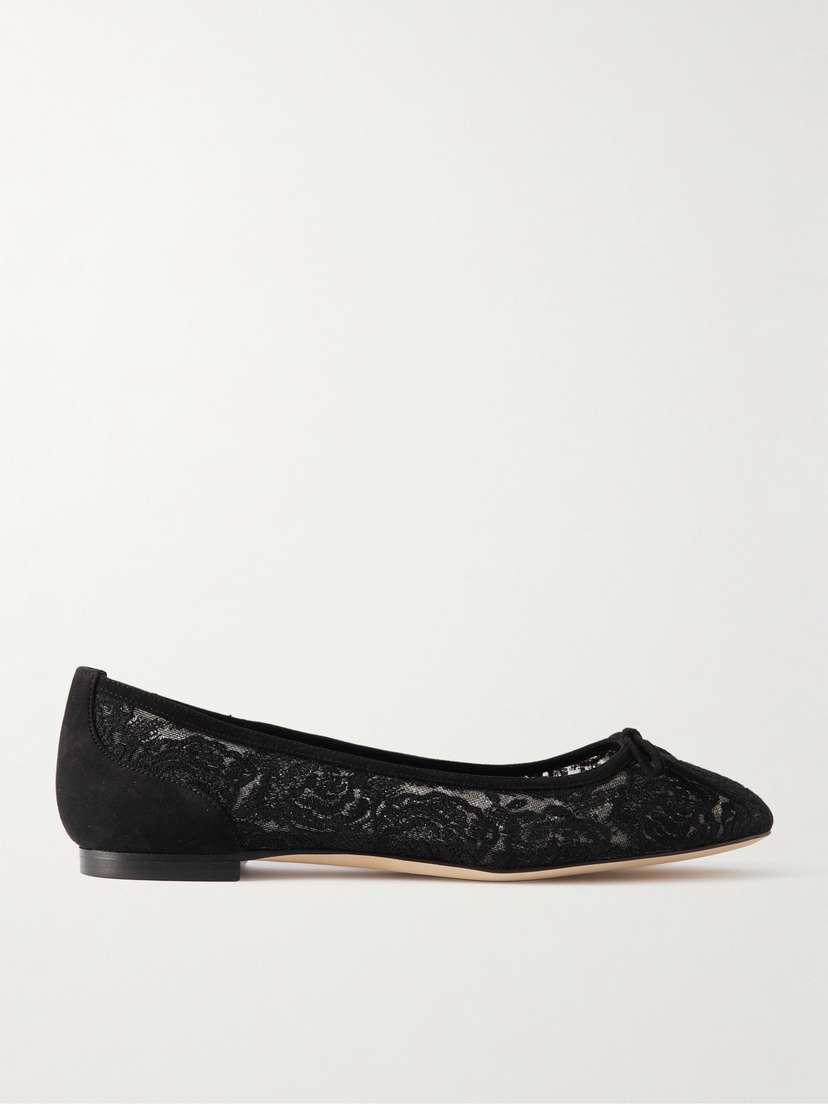 Manolo Blahnik Verizzo Bow-detailed Suede-trimmed Cotton-blend Lace Ballet Flats