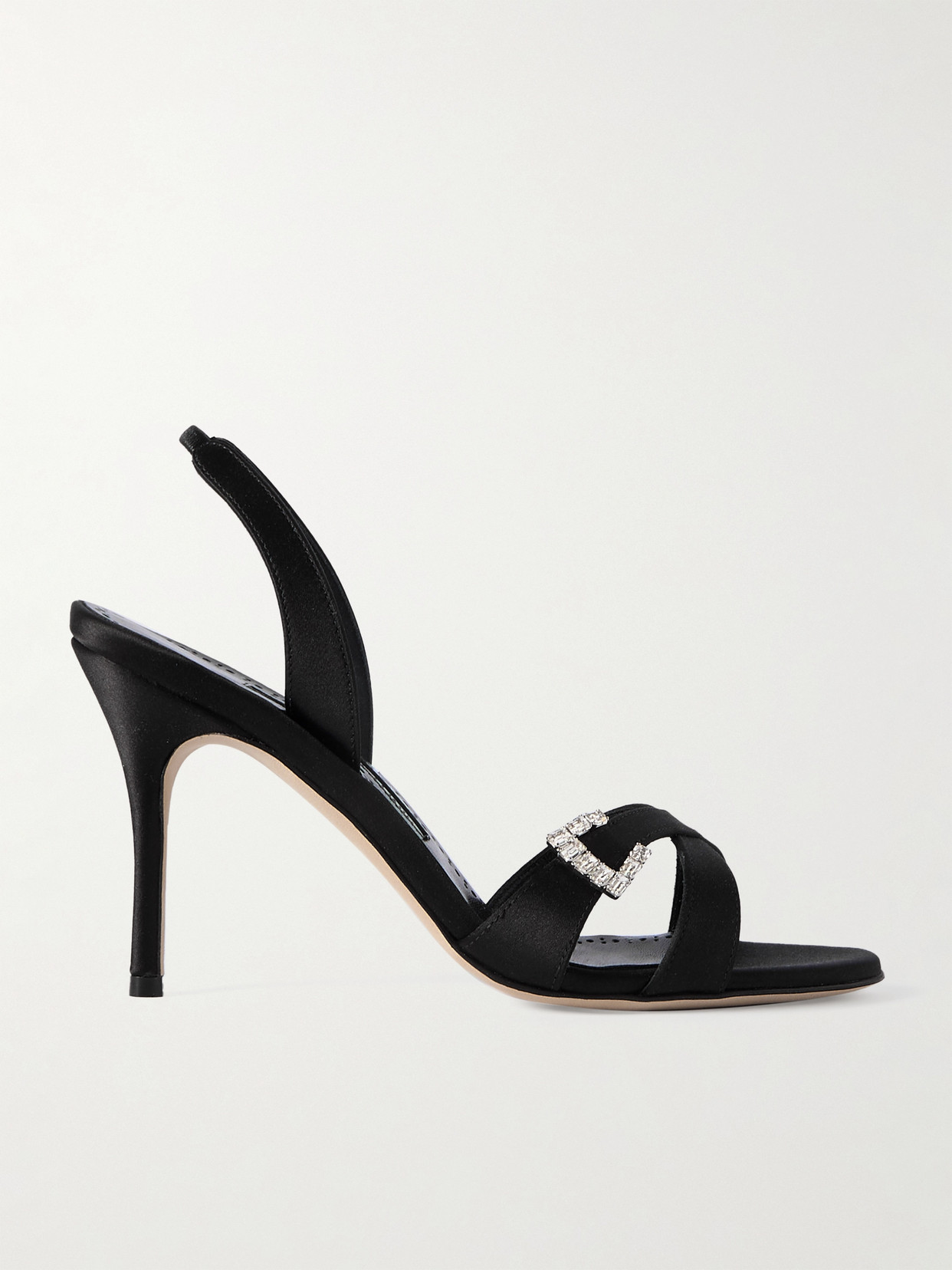 Manolo Blahnik Ramisli 90 Crystal-embellished Satin Slingback Sandals In Black