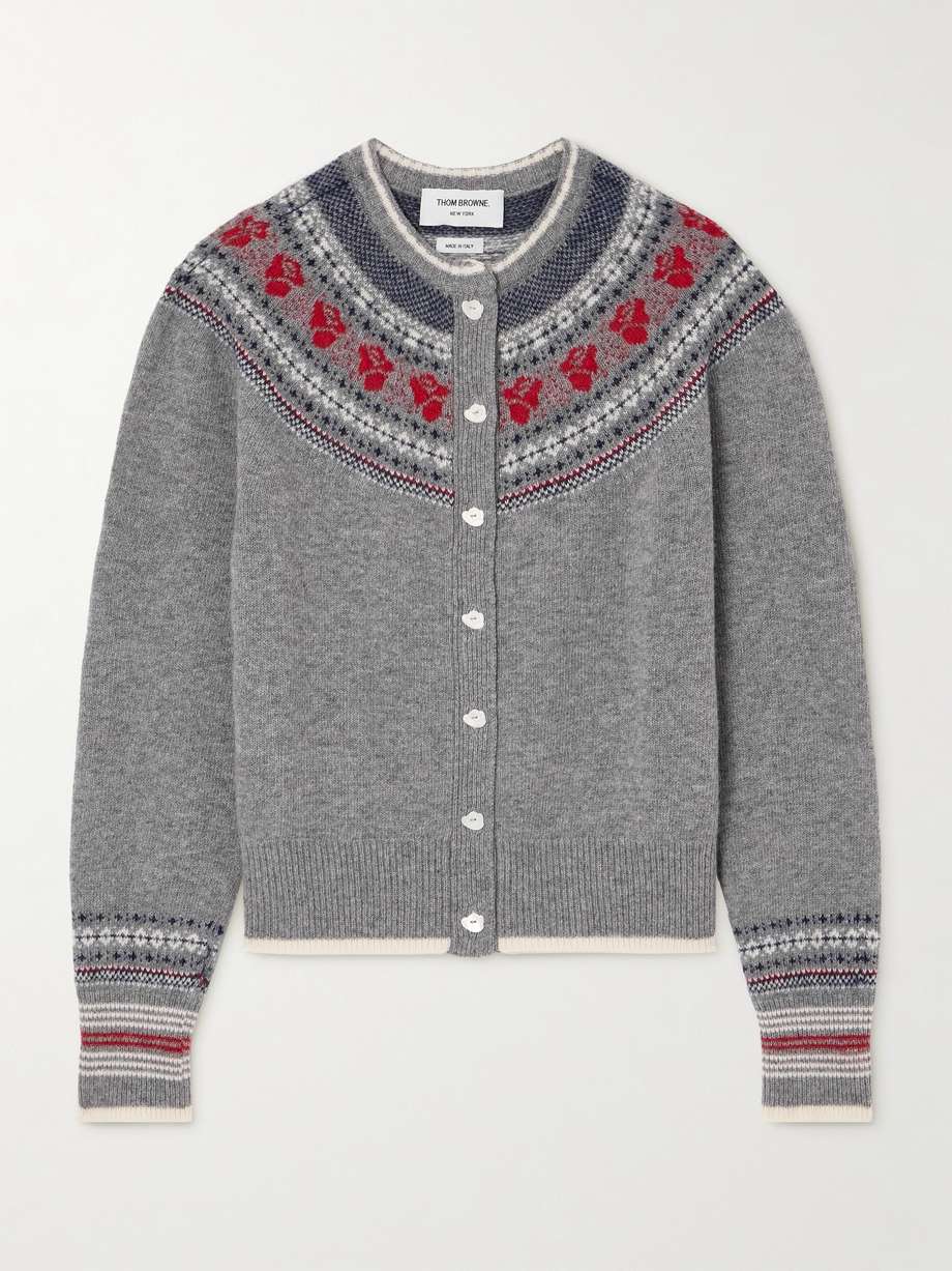 Thom Browne’s cardigan is jacquard-knitted with a rose-filled Fair Isle pattern that pays homage to Edgar Allan Poe’s poem 'The Raven'. It’s made from wool-blend with touches of soft mohair and has a front placket that, when unbuttoned, reveals the signature striped grosgrain. Wear yours with jeans or a tonal skirt and loafers.
