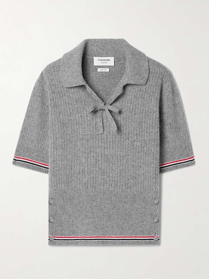 Thom Browne Tie-neck Striped Ribbed Wool-blend Polo Sweater