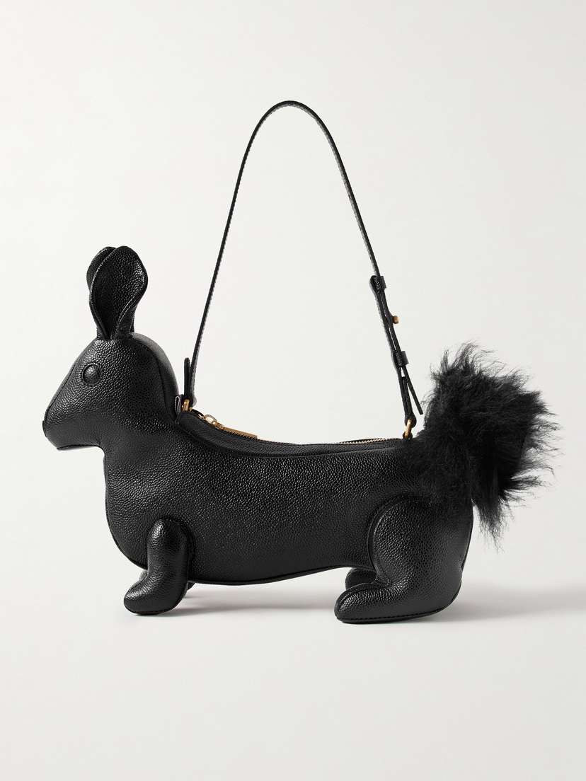 Thom Browne Rabbit Faux Fur-trimmed Textured-leather Shoulder Bag