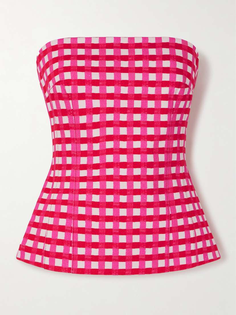 Emilia Wickstead Kerina Strapless Checked Denim Bustier Top