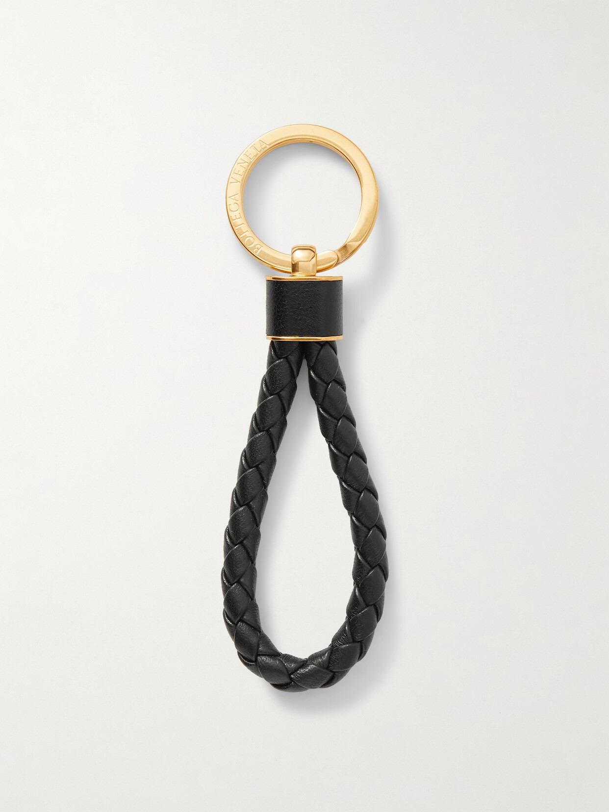 Bottega Veneta Intrecciato Leather And Gold-tone Keyring In Black