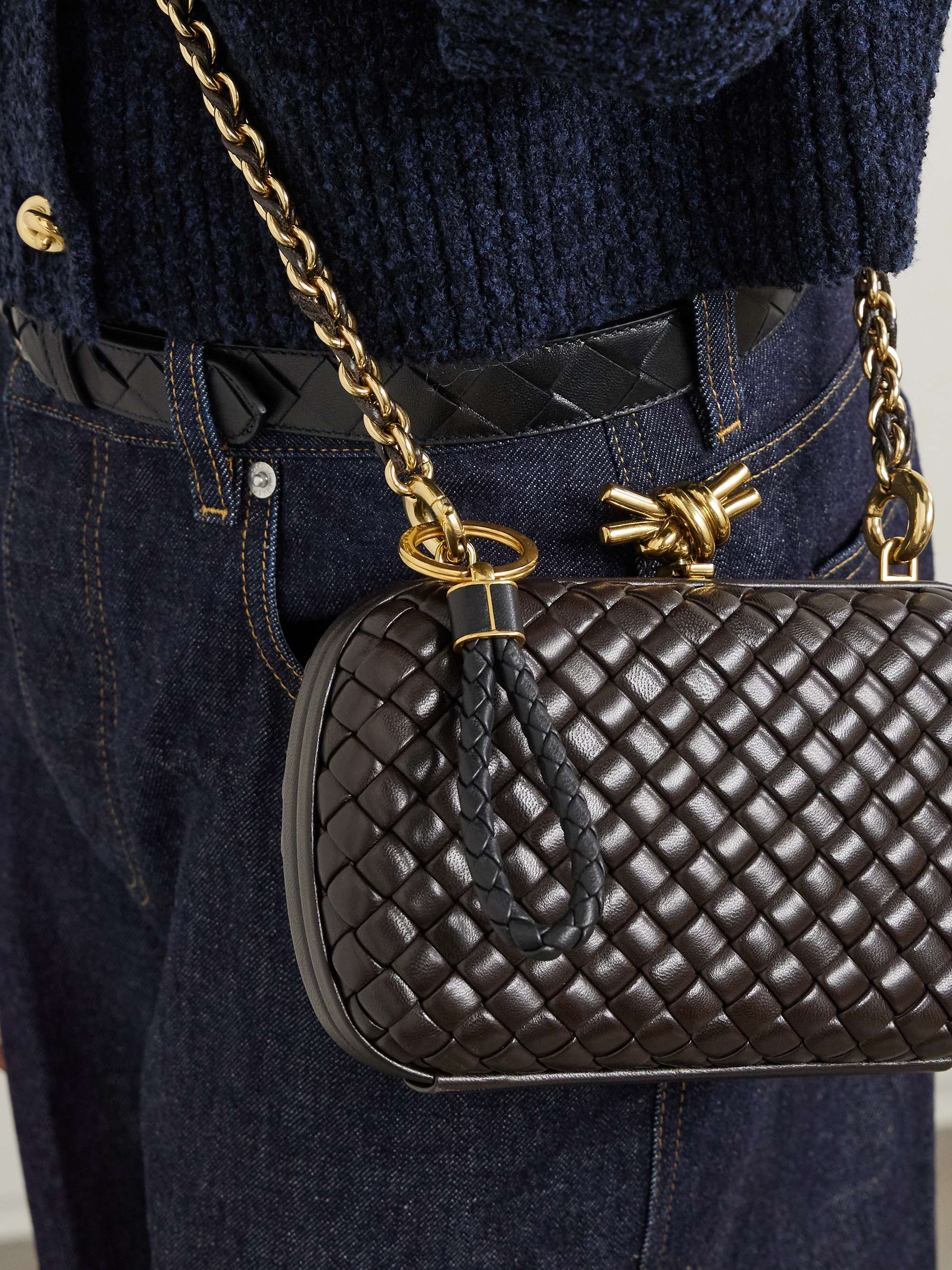 BOTTEGA VENETA Intrecciato leather and gold-tone keyring