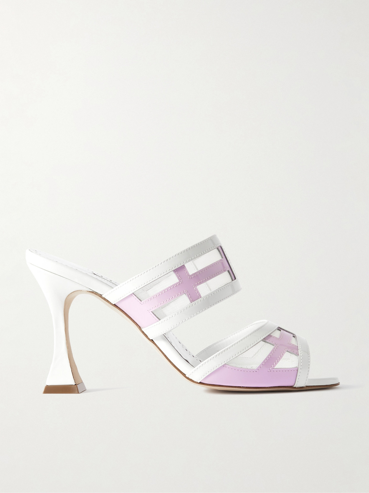 Manolo Blahnik Avespamu 90 Mesh-trimmed Two-tone Patent-leather Mules In Pink
