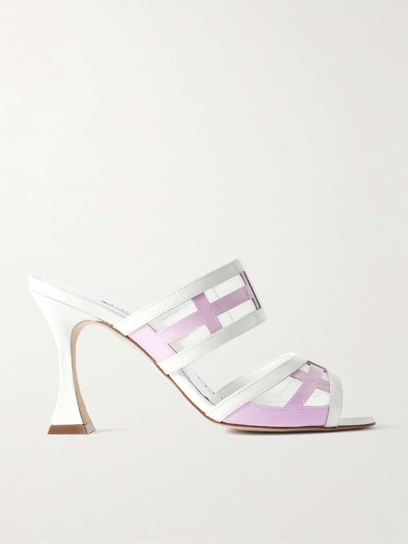 Manolo Blahnik Avespamu 90 Mesh-trimmed Two-tone Patent-leather Mules