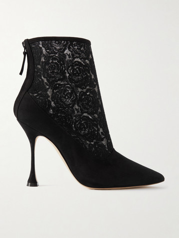 MANOLO BLAHNIK Bricala 105 embroidered tulle and suede ankle boots