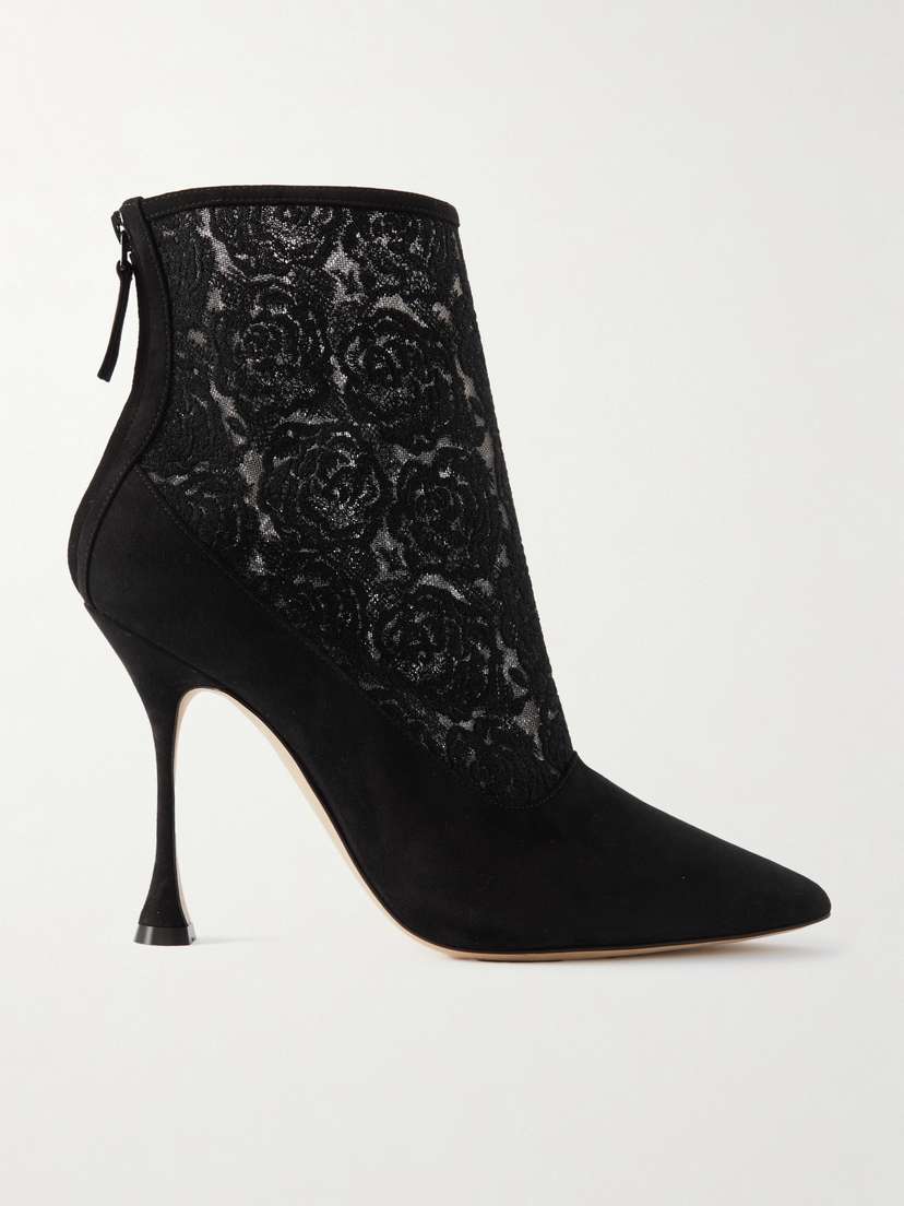 Manolo Blahnik Bricala 105 Embroidered Tulle And Suede Ankle Boots