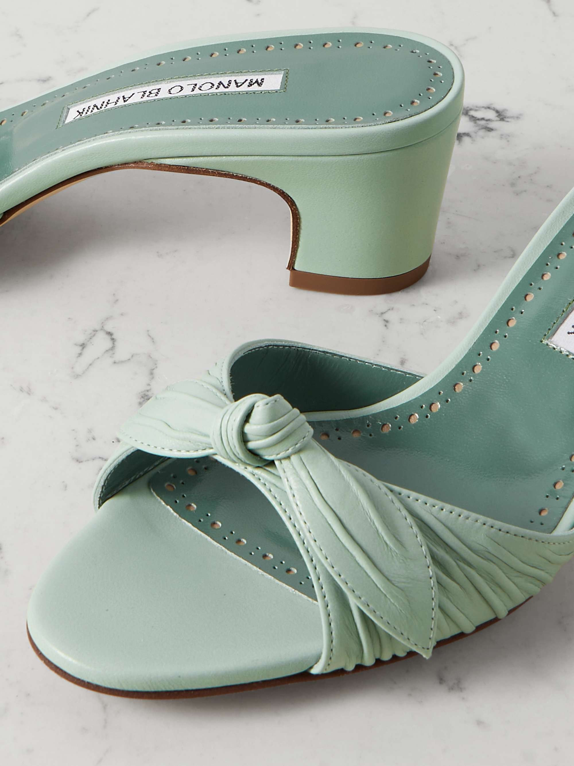 MANOLO BLAHNIK Lolloso 50 bow-detailed ruched leather mules | NET  