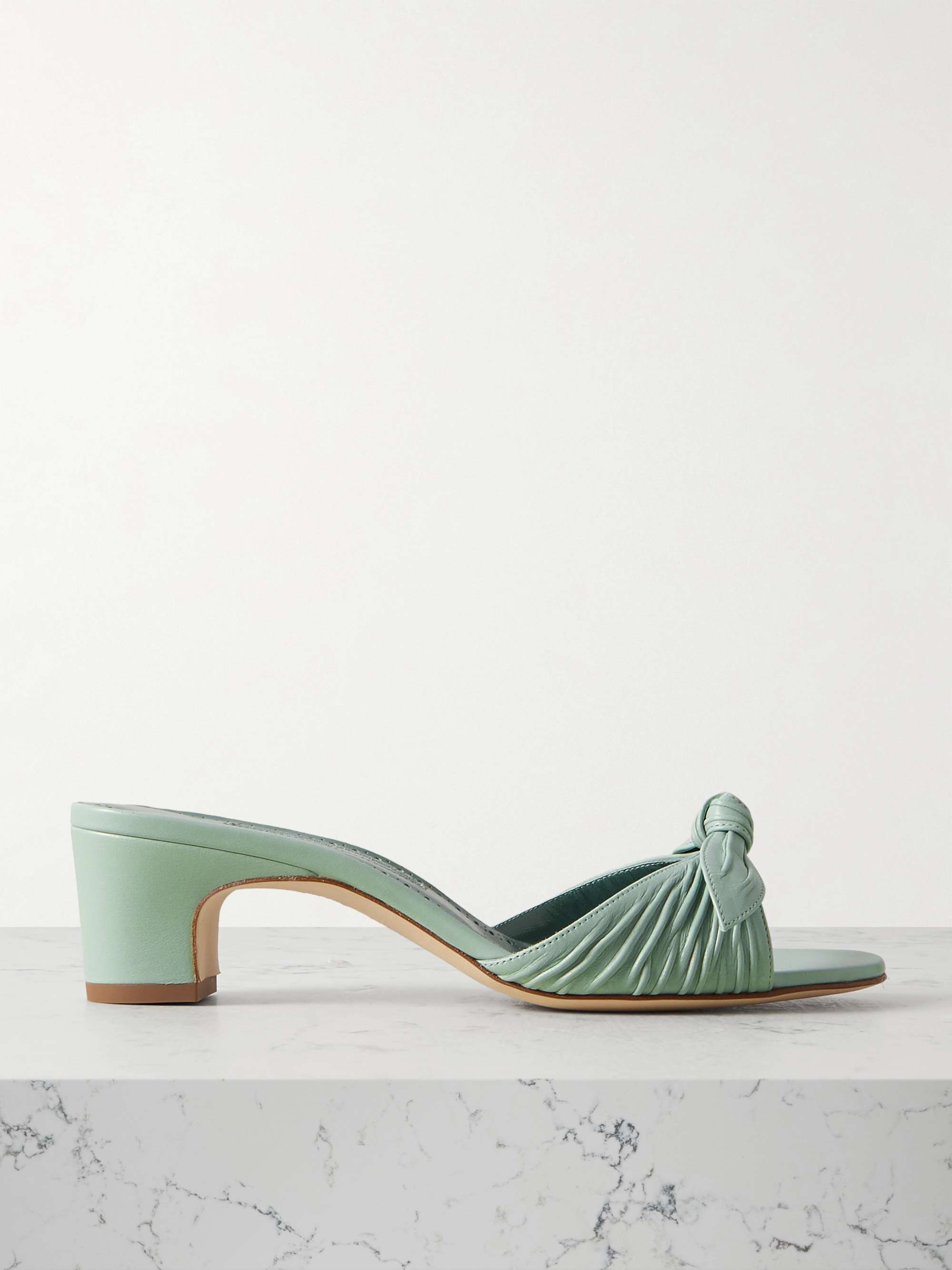 MANOLO BLAHNIK Lolloso 50 bow-detailed ruched leather mules | NET  