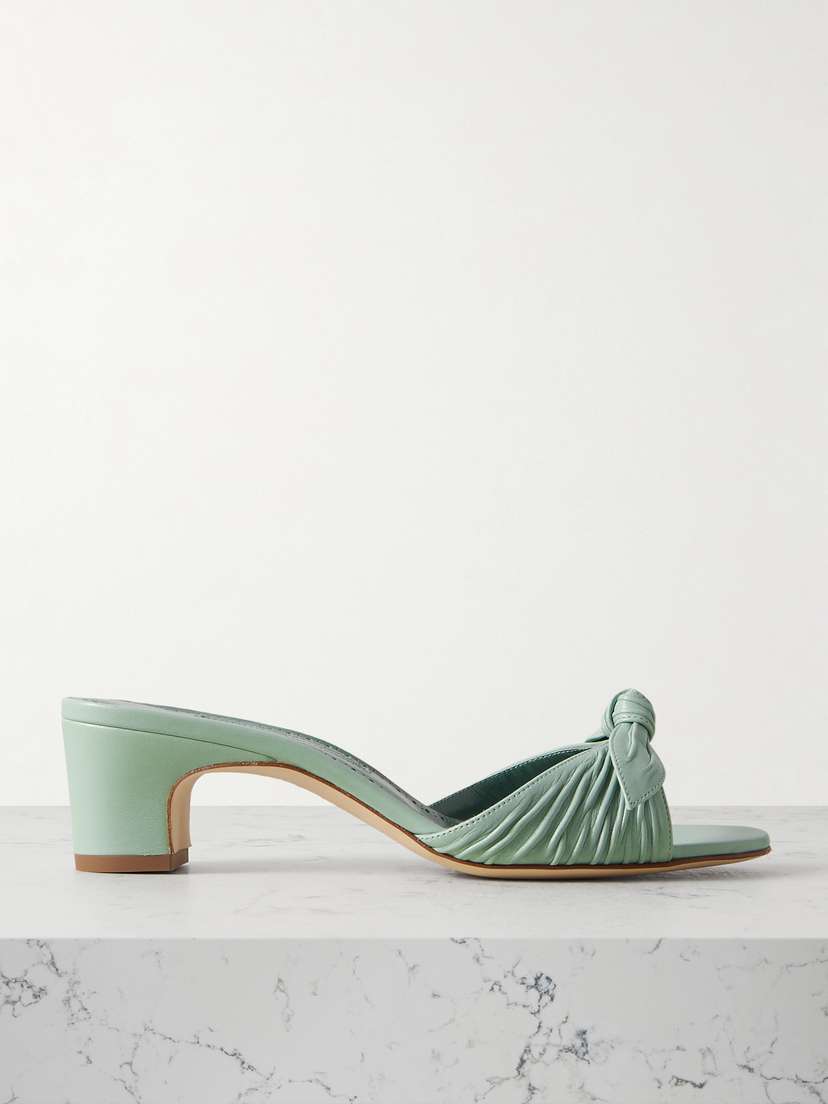 Manolo Blahnik Lolloso 50 Bow-detailed Ruched Leather Mules