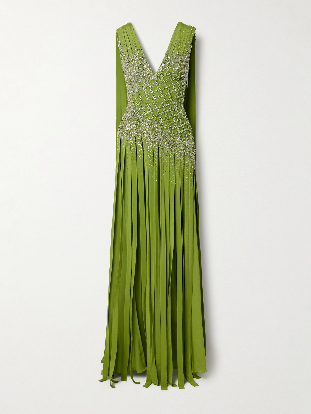 Georges Hobeika Embellished Fringed Georgette Gown In Green