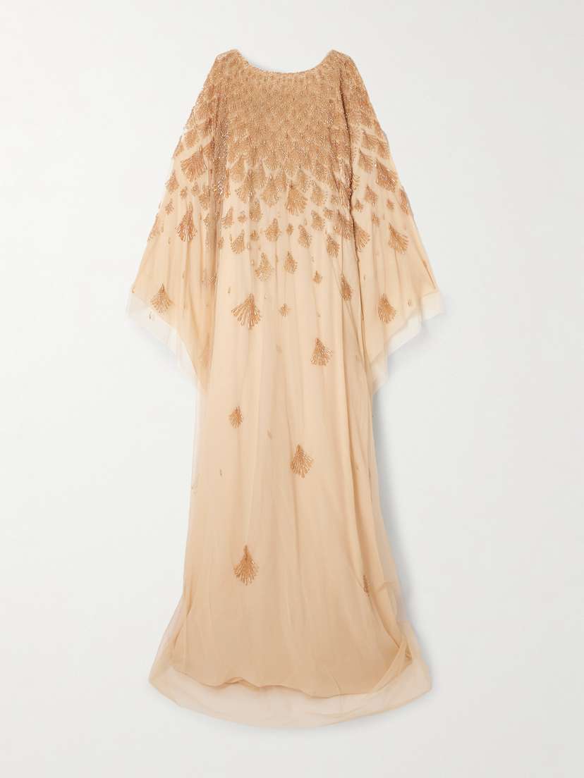Georges Hobeika Cape-effect Bead-embellished Tulle Gown