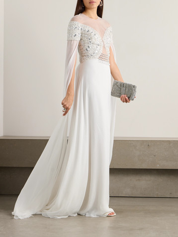 GEORGES HOBEIKA Tulle-trimmed embellished georgette gown