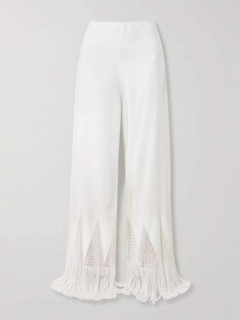 Stella McCartney Fringed Macramé-trimmed Embroidered Satin Wide-leg Pants