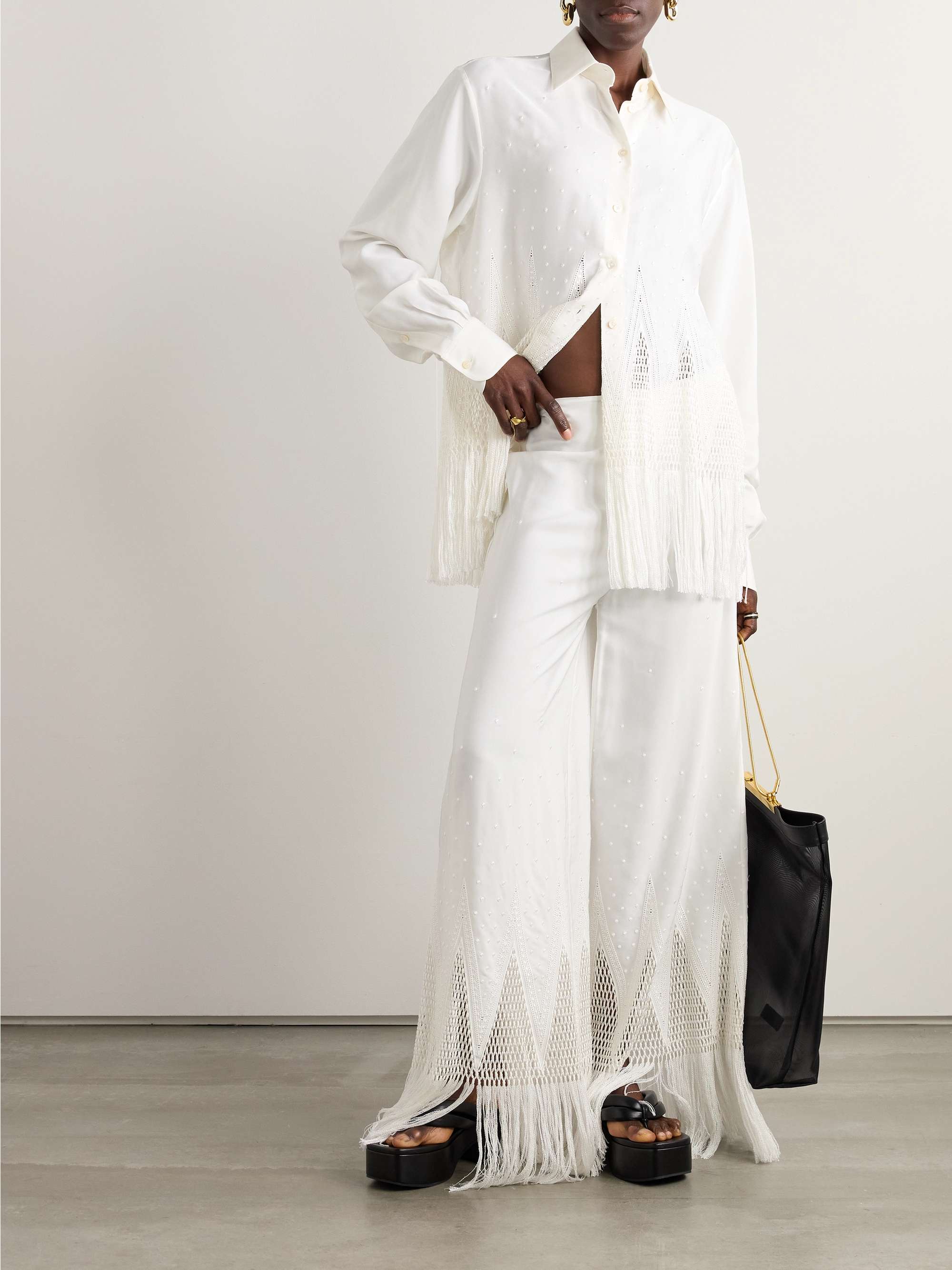 STELLA MCCARTNEY Fringed macramé-trimmed embroidered satin wide 