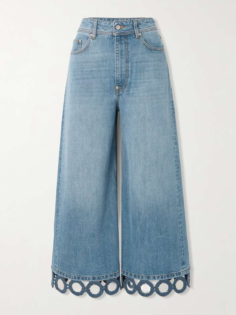 Stella McCartney Cropped Embellished Crochet-trimmed Mid-rise-wide-leg Jeans