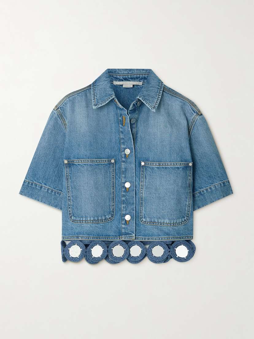 Stella McCartney Cropped Embellished Crochet-trimmed Denim Shirt