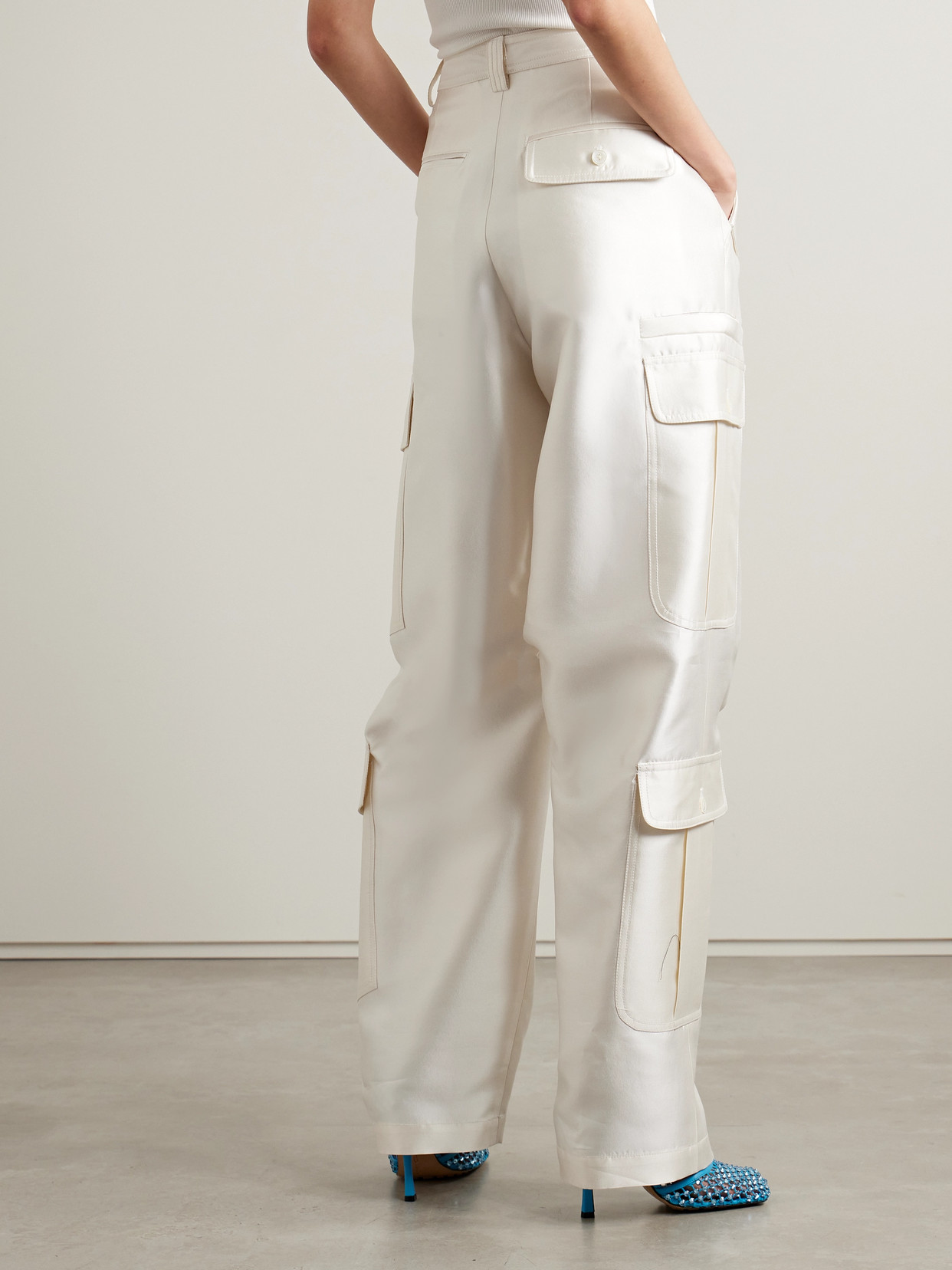 Christopher John Rogers Wide-leg Satin Cargo Trousers In Ivory