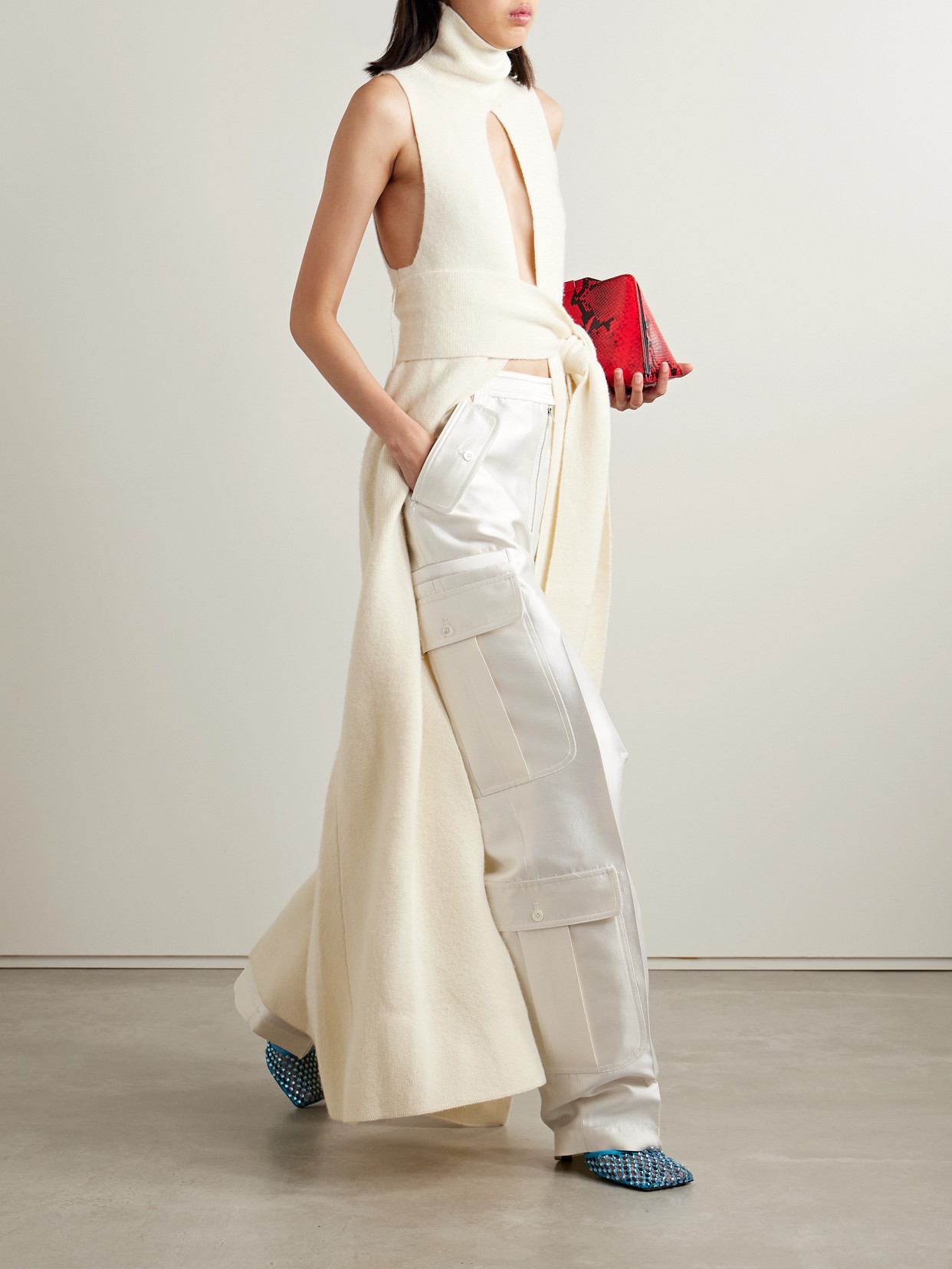 Christopher John Rogers Wide-leg Satin Cargo Trousers In Ivory