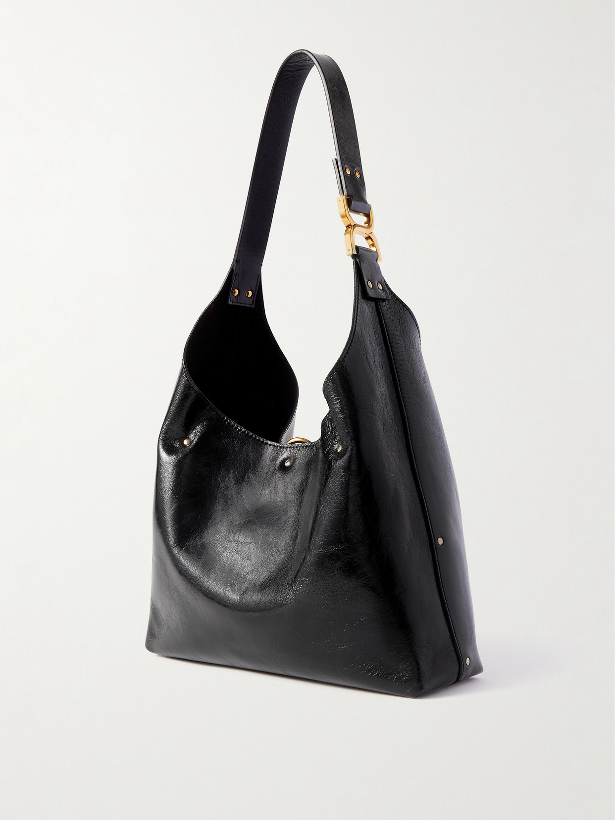 Chloé Marcie Embellished Glossed Textured-leather Shoulder Bag In Black