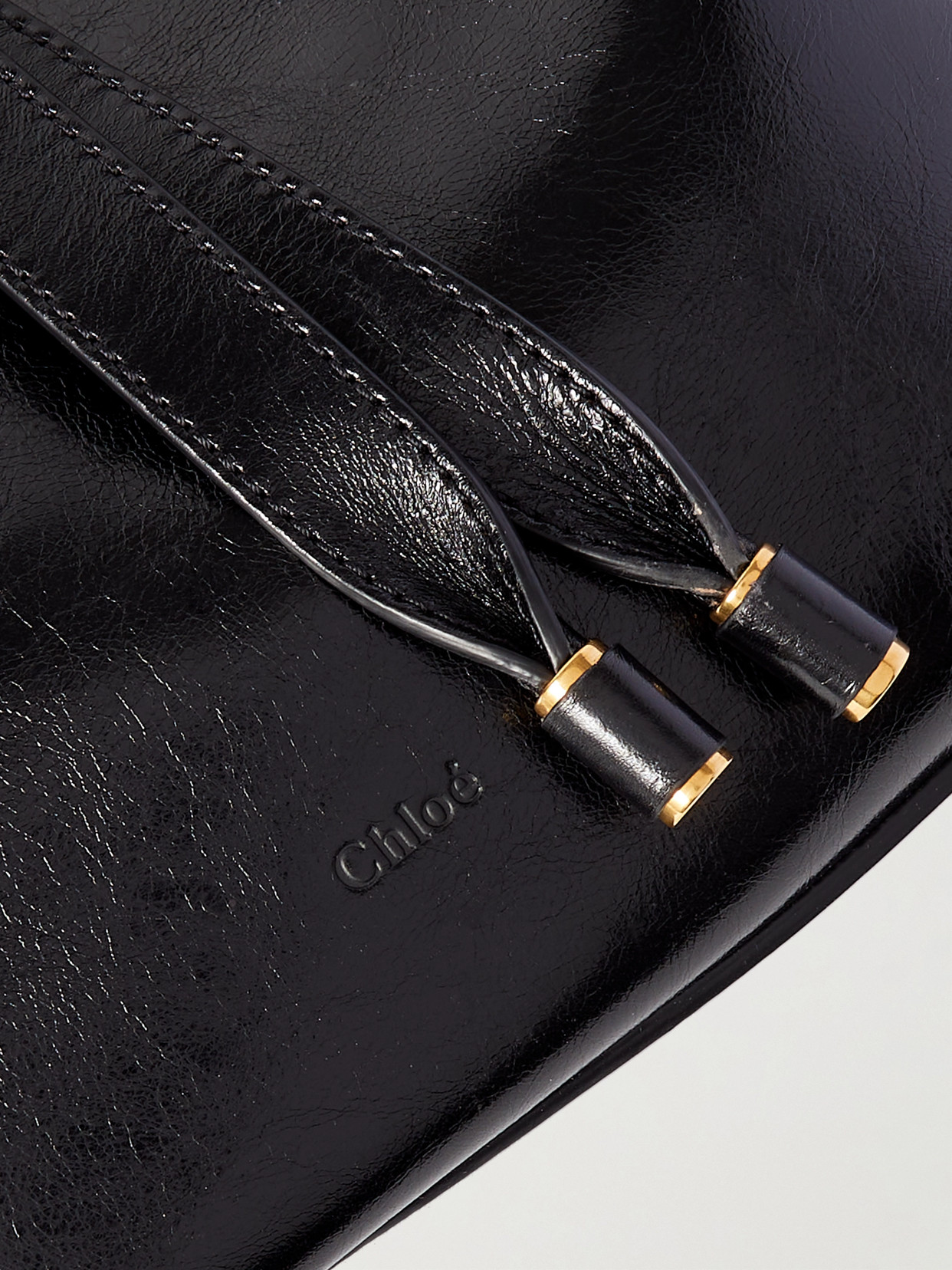 Chloé Marcie Embellished Glossed Textured-leather Shoulder Bag In Black