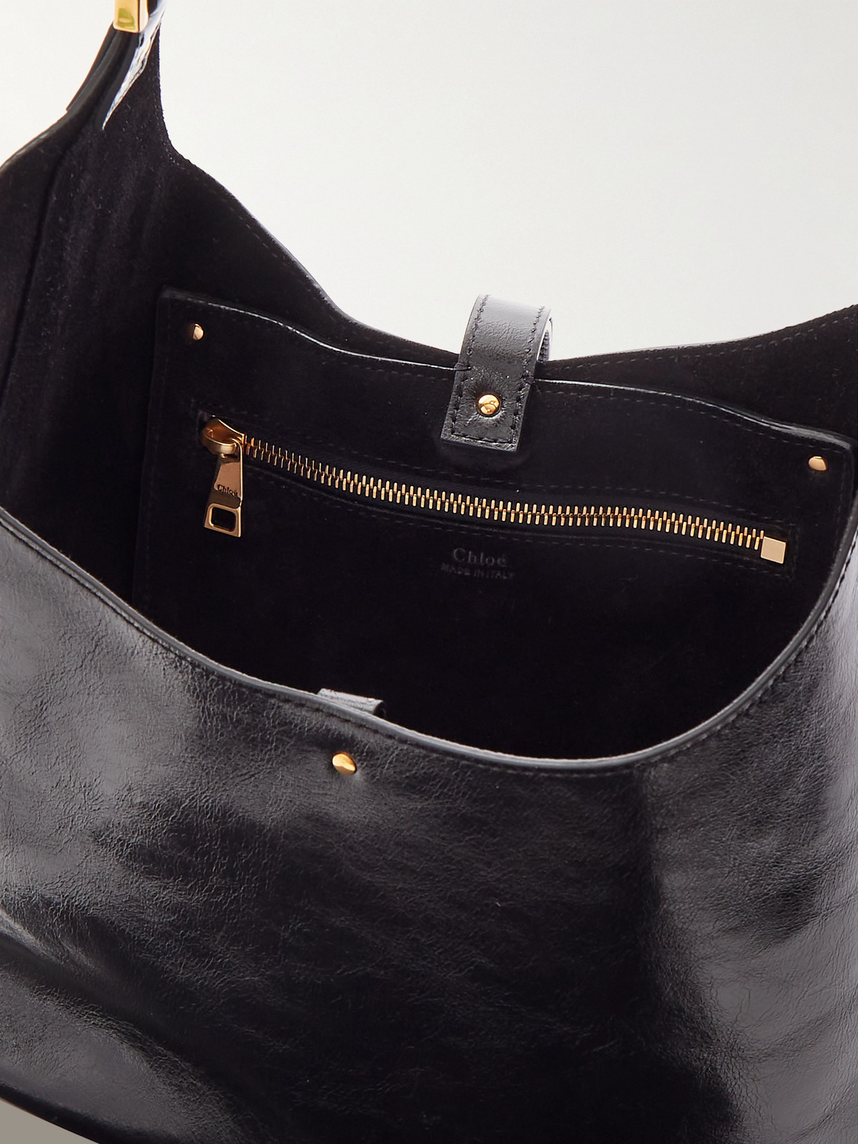 Chloé Marcie Embellished Glossed Textured-leather Shoulder Bag In Black