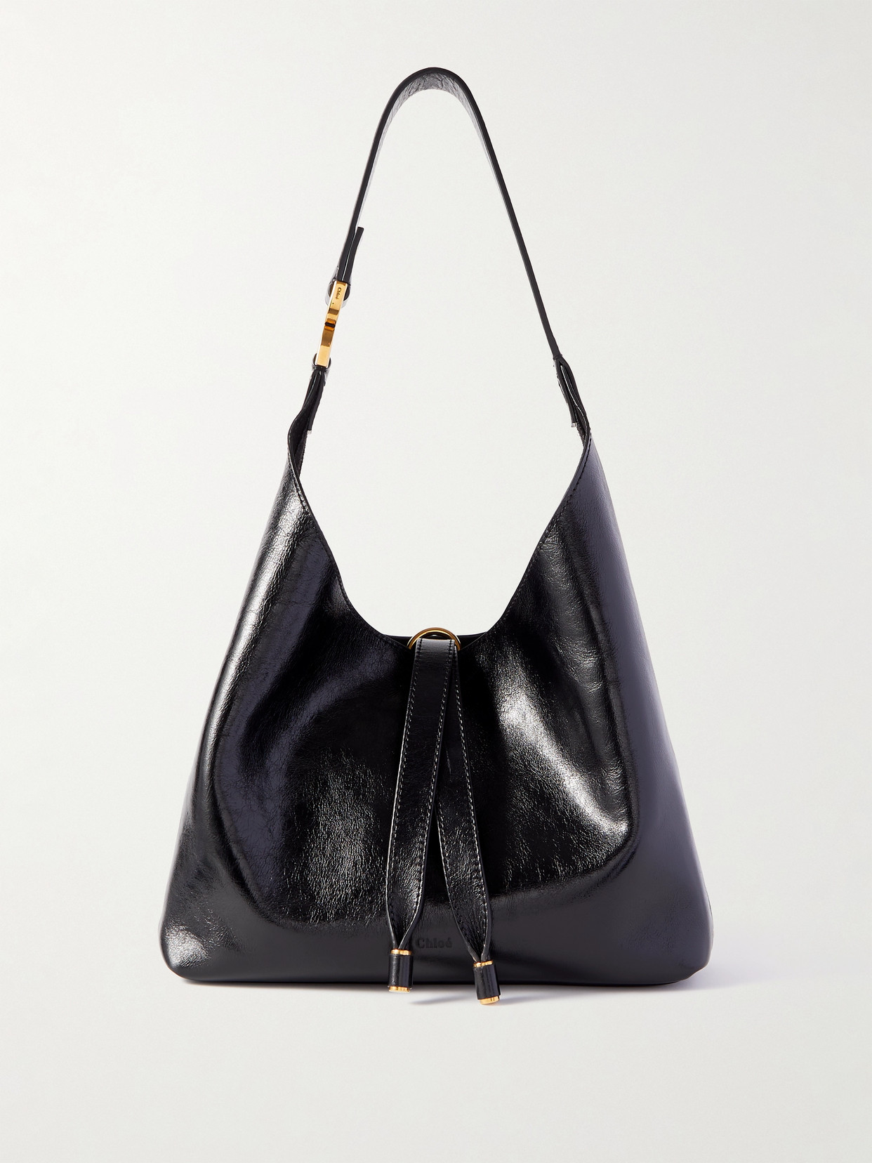 Chloé Marcie Embellished Glossed Textured-leather Shoulder Bag In Black