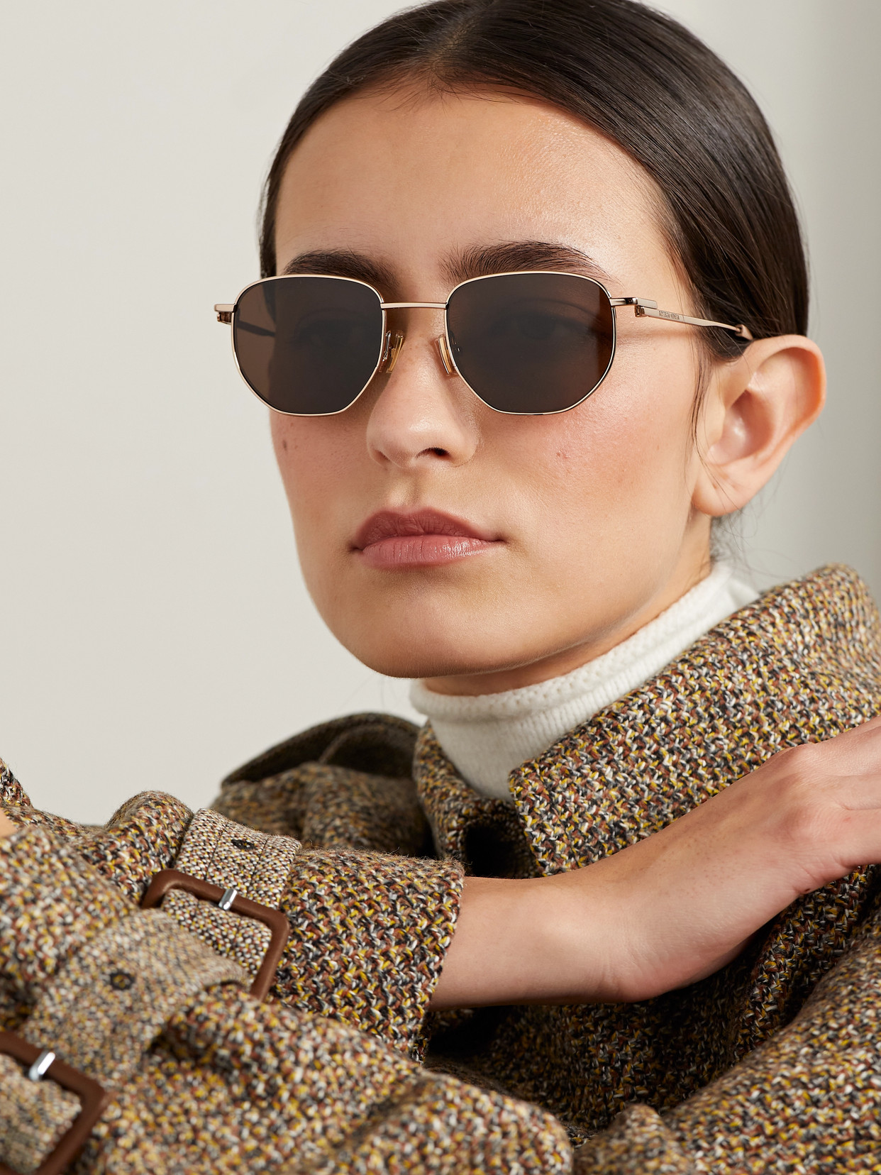 Shop Bottega Veneta Hexagon-frame Rose Gold-tone Sunglasses