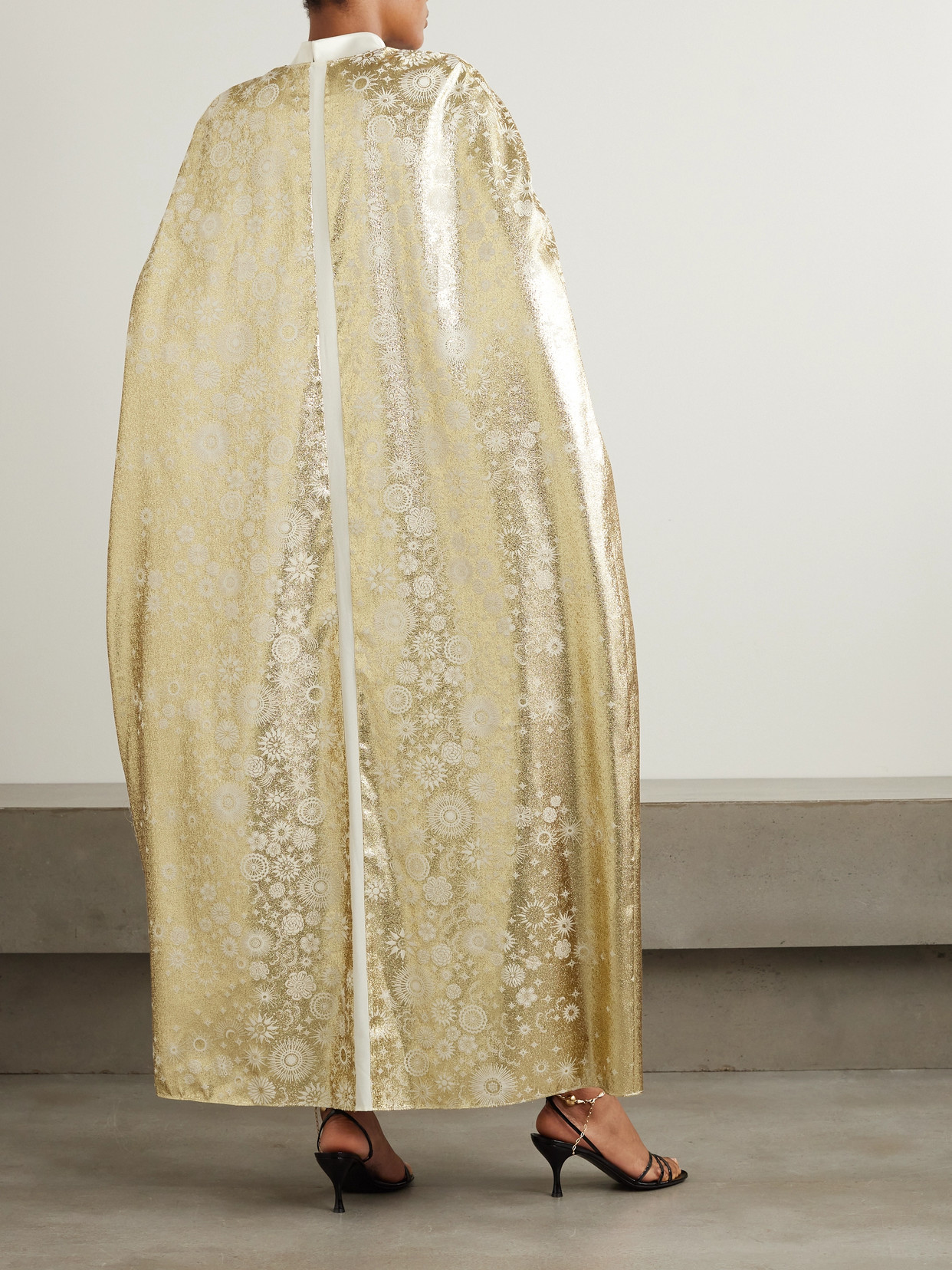 Shop Dima Ayad Satin And Metallic Jacquard Satin Gown And Cape Set In Cream