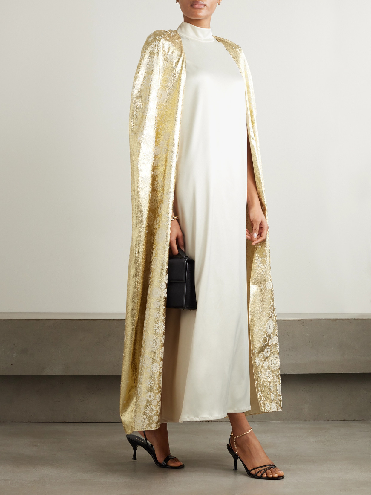 Shop Dima Ayad Satin And Metallic Jacquard Satin Gown And Cape Set In Cream