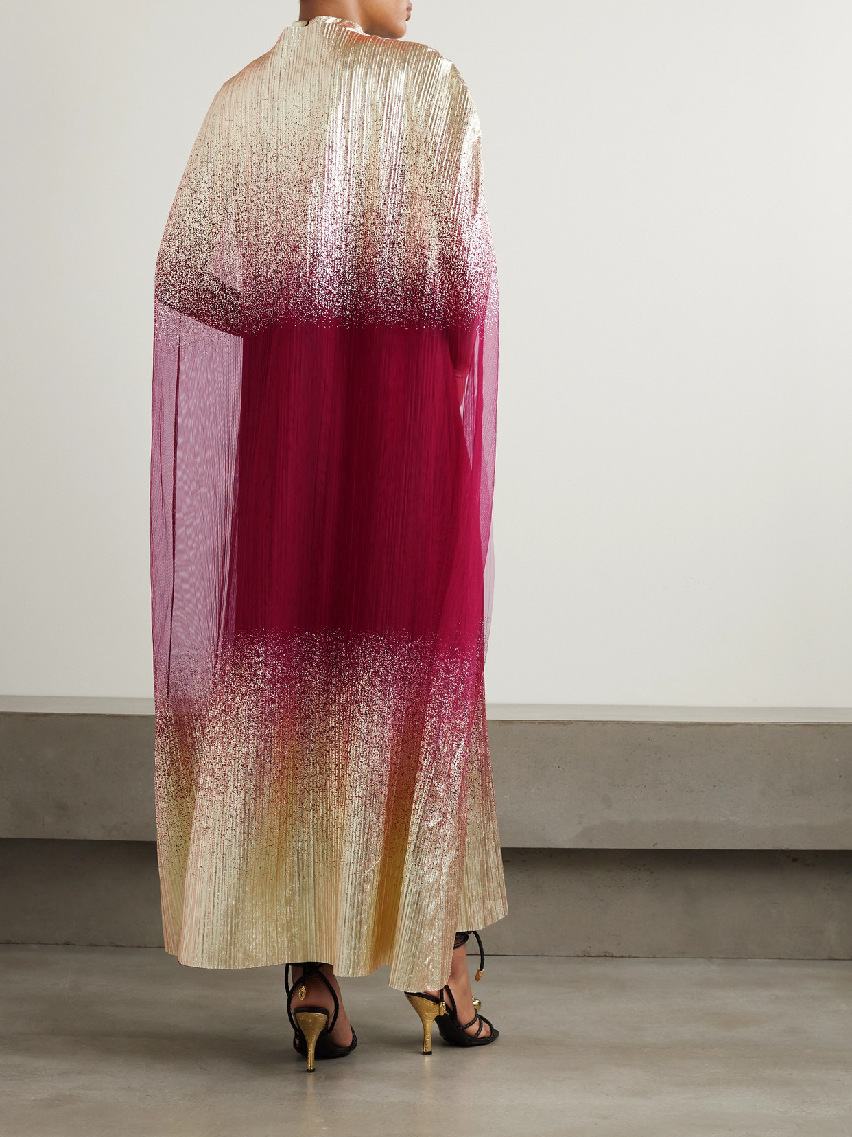 Dima Ayad Metallic Plissé-tulle Gown And Cape Set In Burgundy