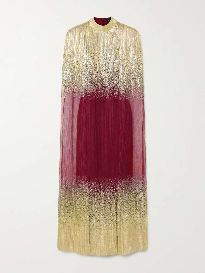 Dima Ayad Metallic Plissé-tulle Gown And Cape Set