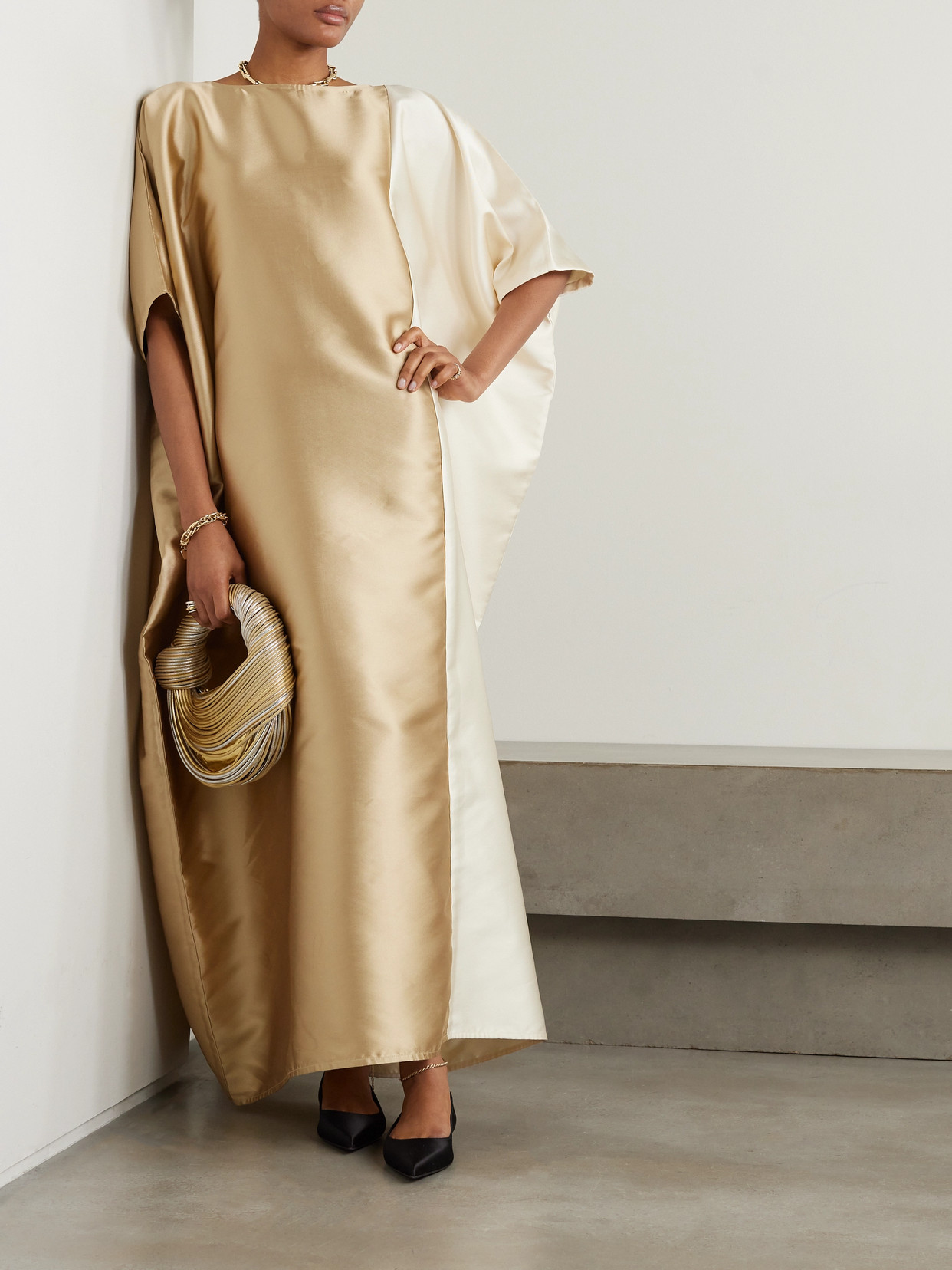 Shop Dima Ayad Two-tone Satin-twill Kaftan In Gold