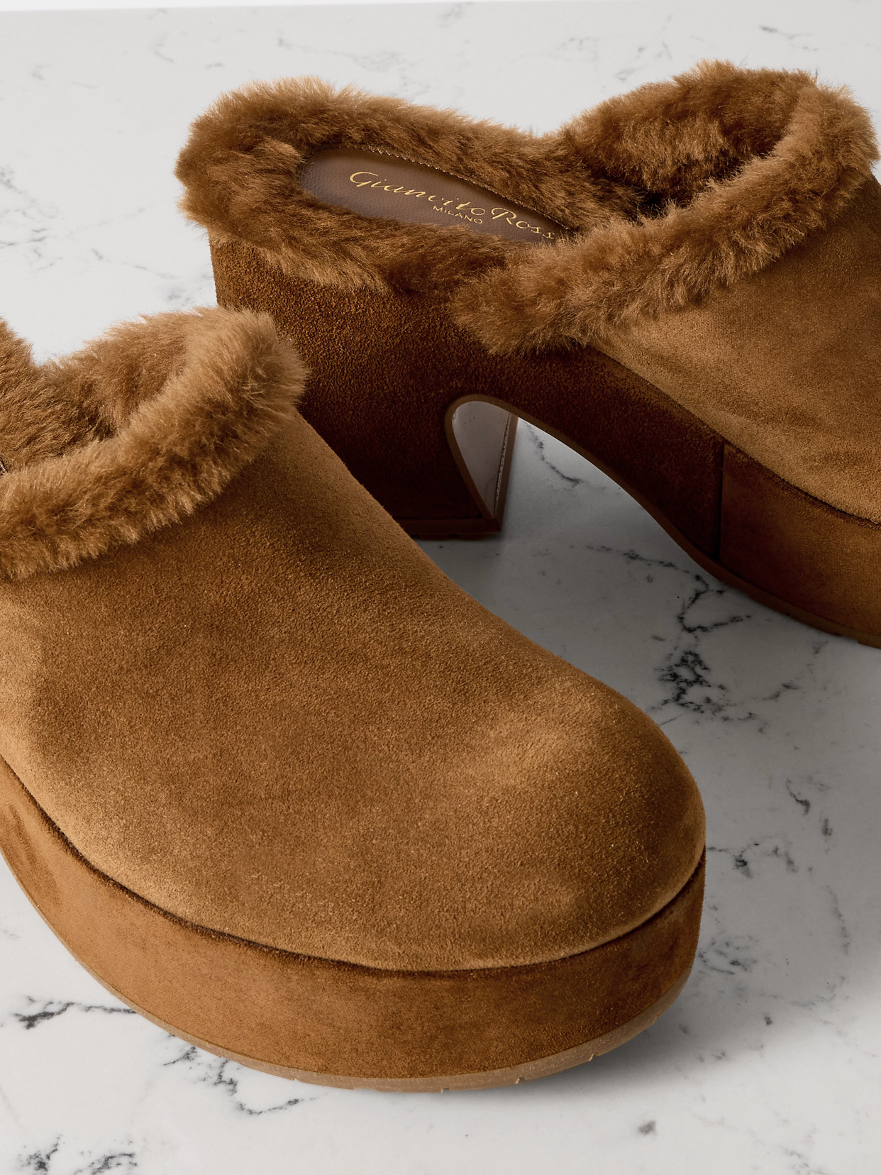 Gianvito Rossi Lyss 55 Shearling-trimmed Suede Mules In Brown