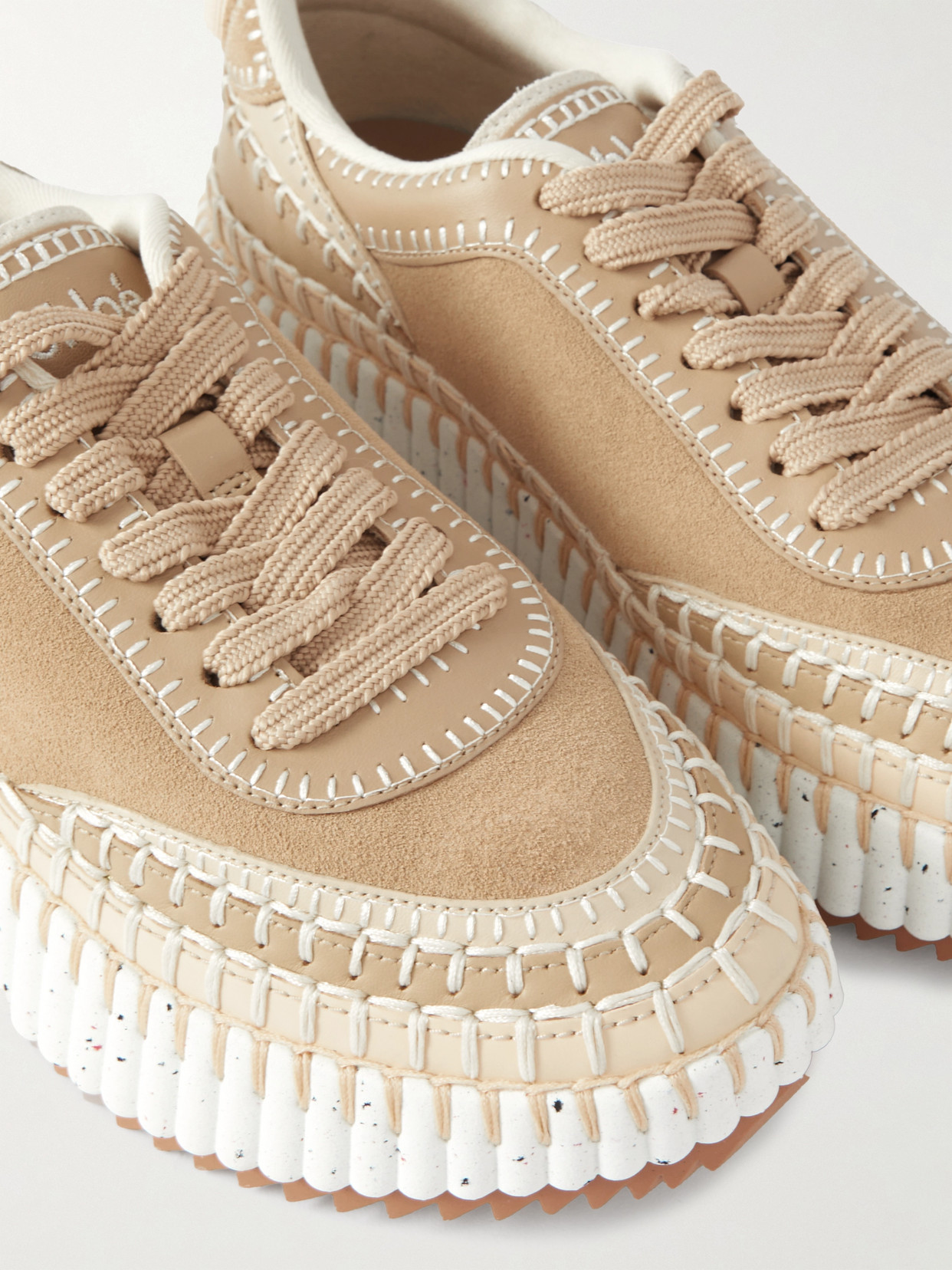 Chloé Nama Embroidered Suede And Recycled-mesh Sneakers In Neutrals