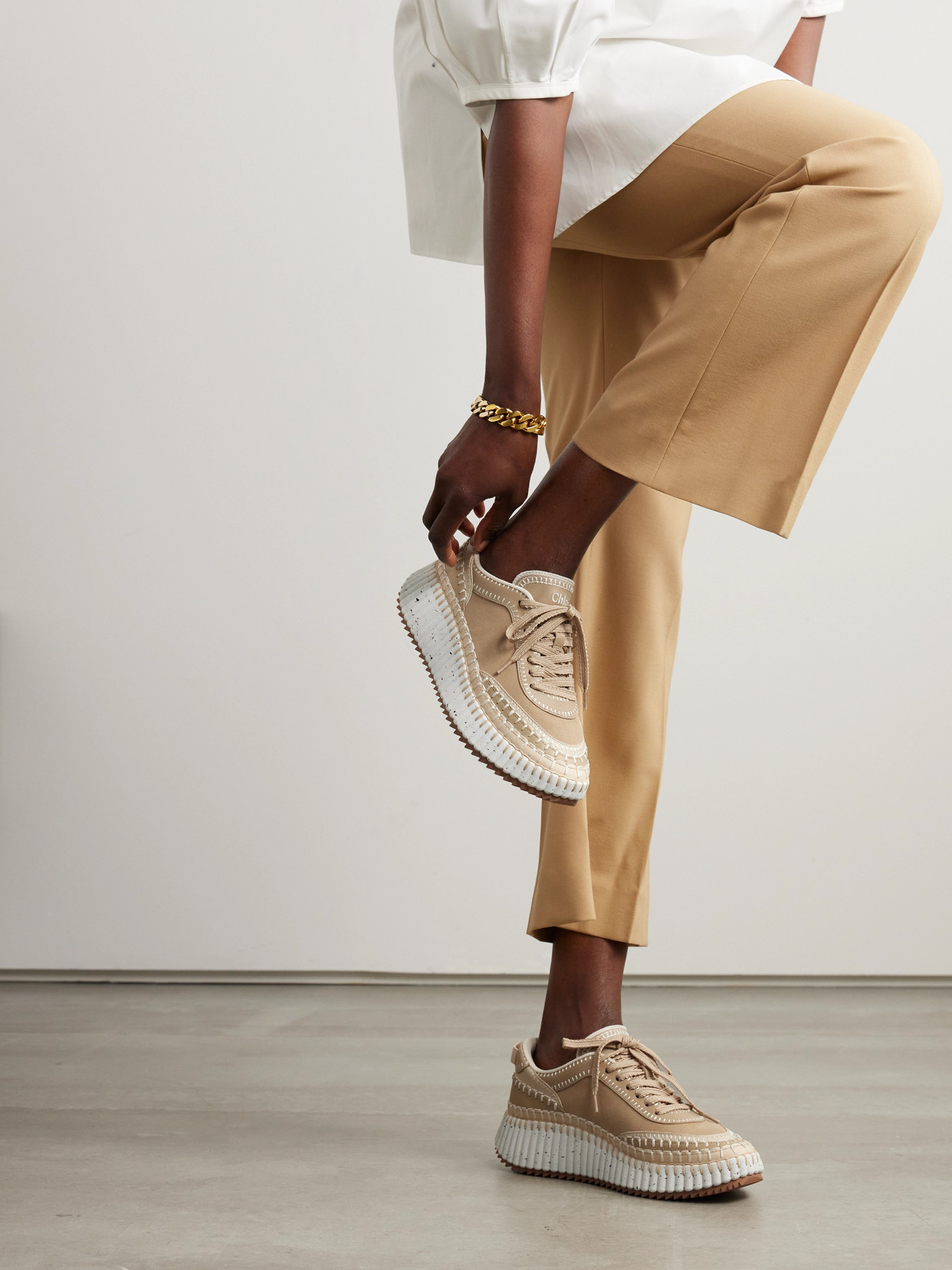 Chloé Nama Embroidered Suede And Recycled-mesh Sneakers In Neutrals