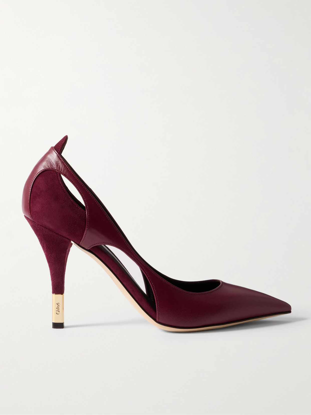 Chloé Saada Cutout Suede-trimmed Leather Pumps In Burgundy