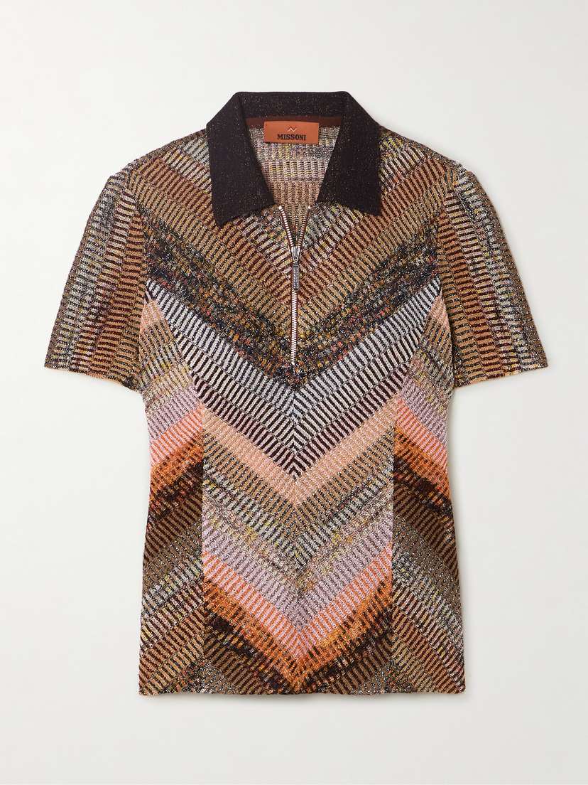 Missoni Striped Metallic Crochet-knit Polo Shirt