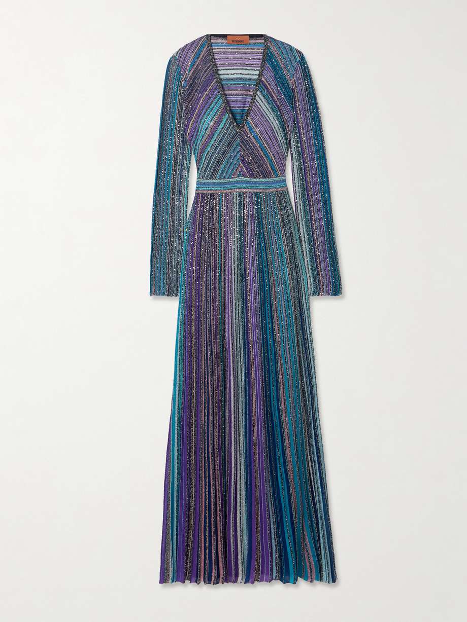 sequined striped metallic crochet-knit maxi dress