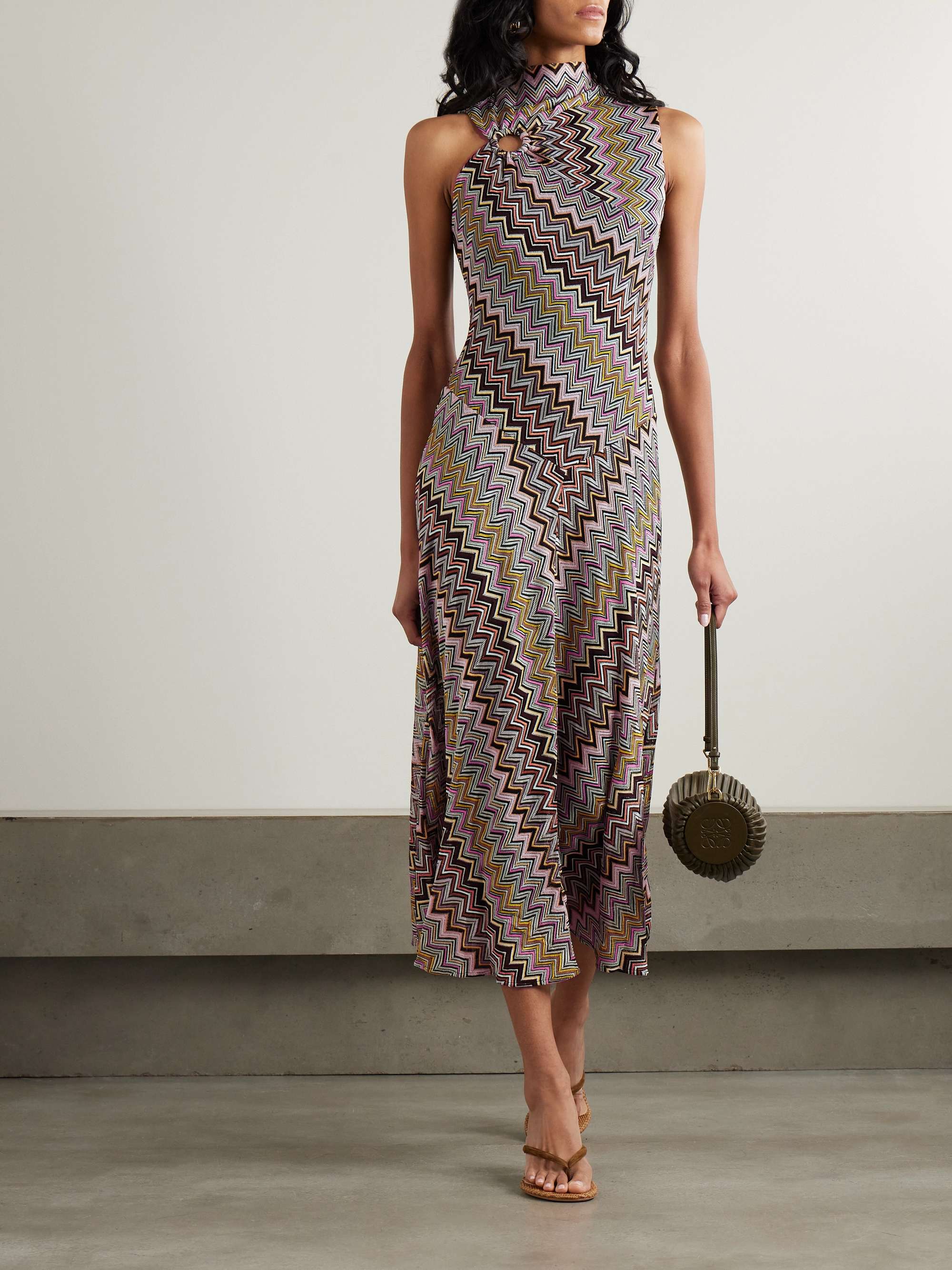 Cutout gathered striped crochet knit maxi dress