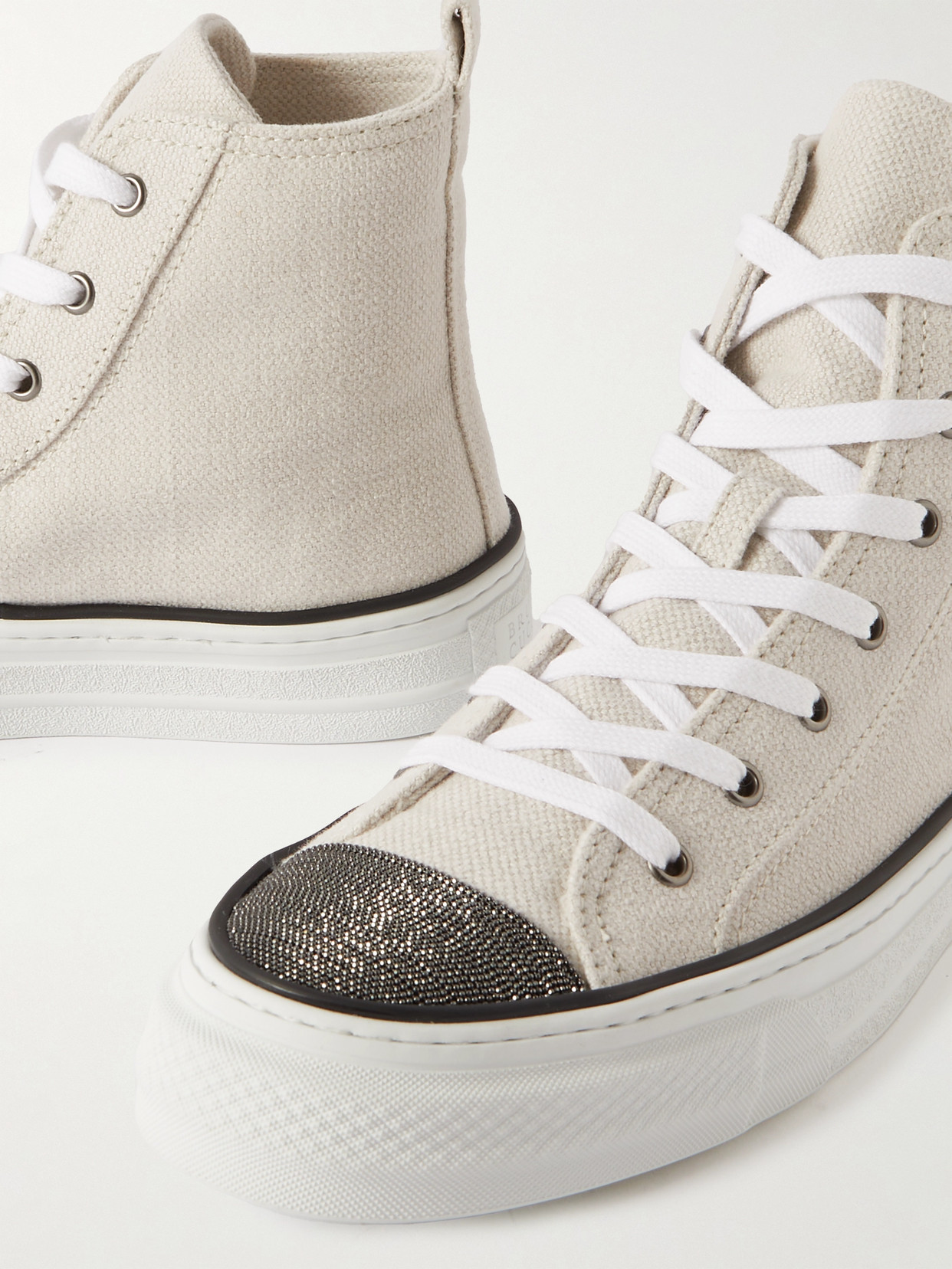 Shop Brunello Cucinelli Bead-embellished Canvas Sneakers In Silver