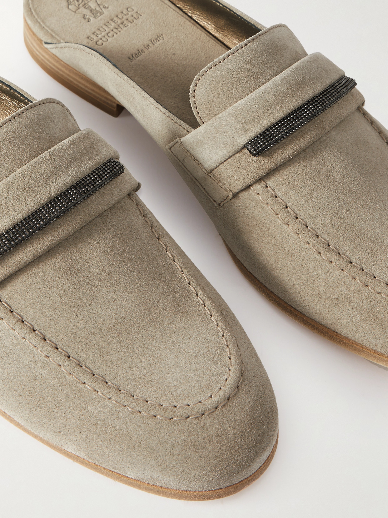 Brunello Cucinelli Embellished Suede Slippers In Brown