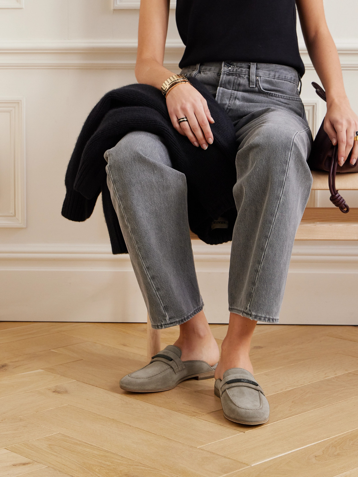 Brunello Cucinelli Embellished Suede Slippers In Brown