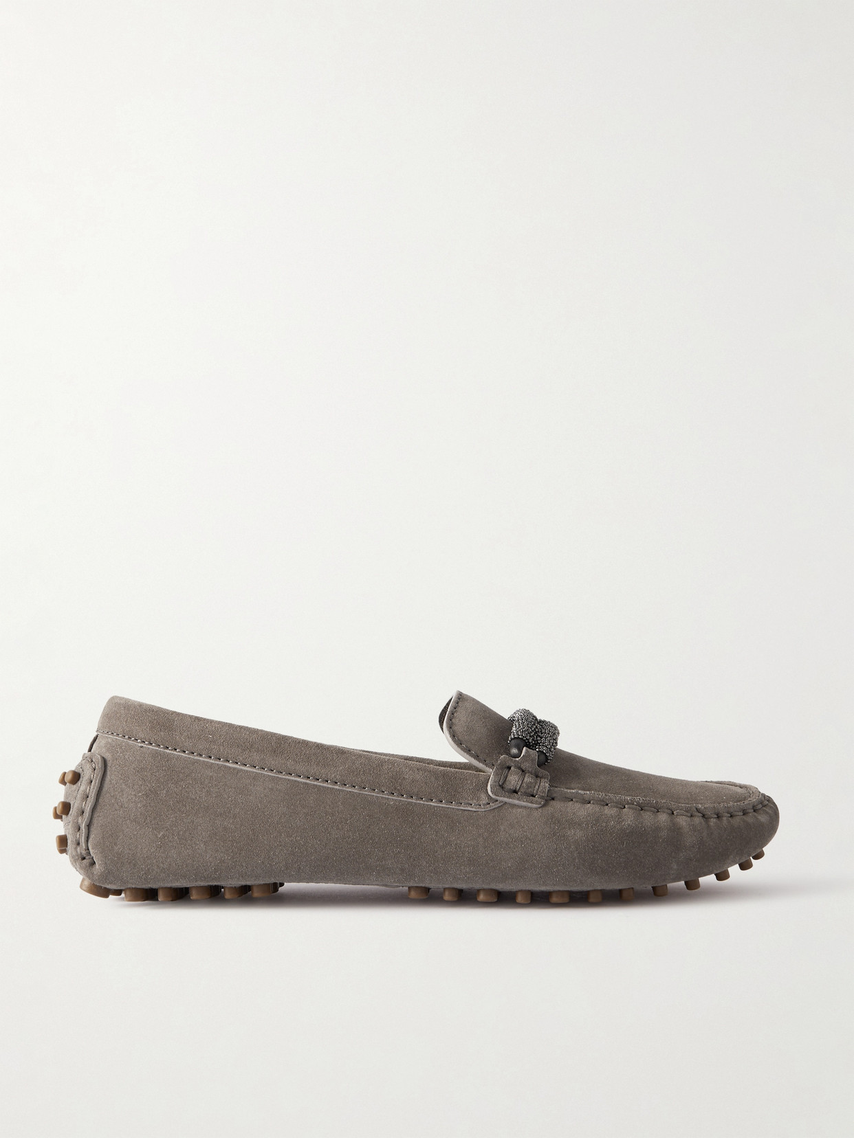 Brunello Cucinelli Bead-embellished Suede Loafers In Grey