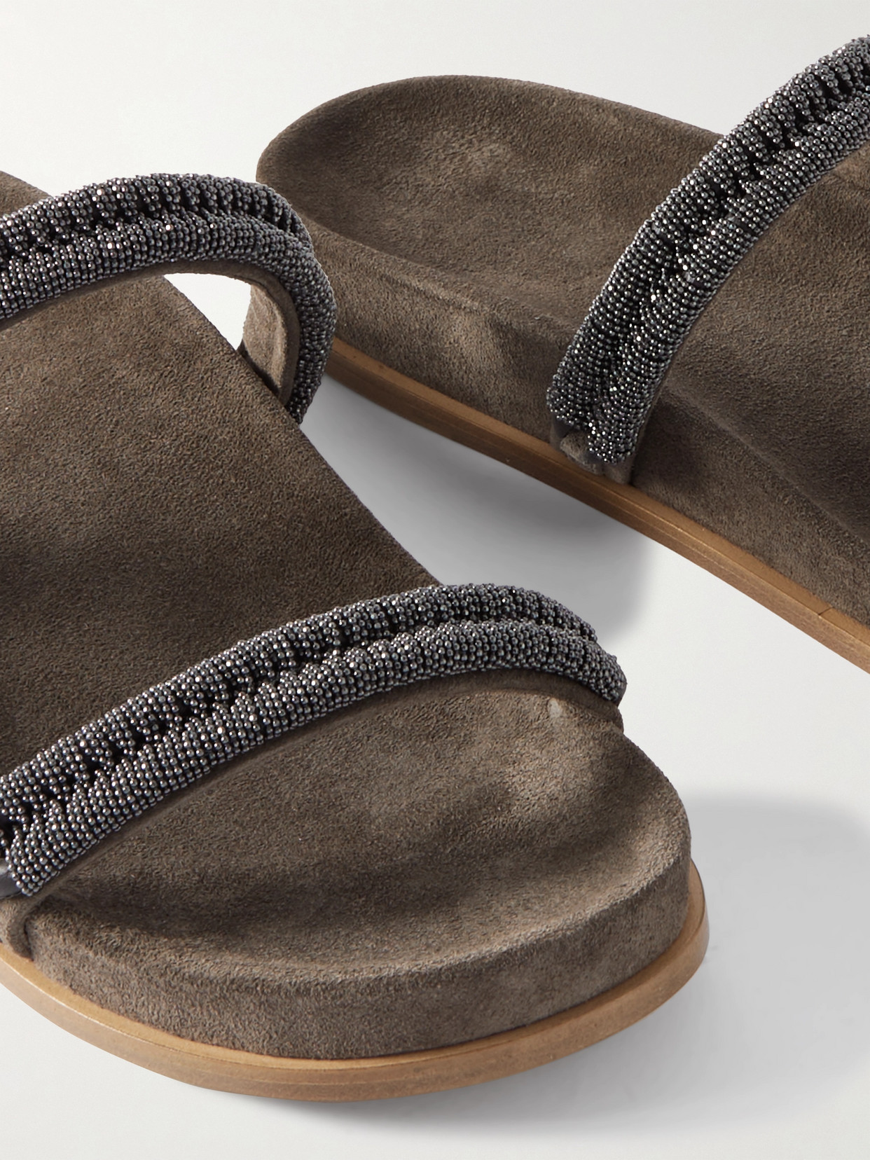 Brunello Cucinelli Bead-embellished Suede Slides In Brown