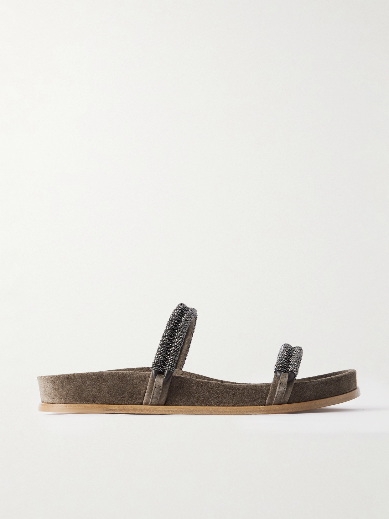 Brunello Cucinelli Bead-embellished Suede Slides In Brown