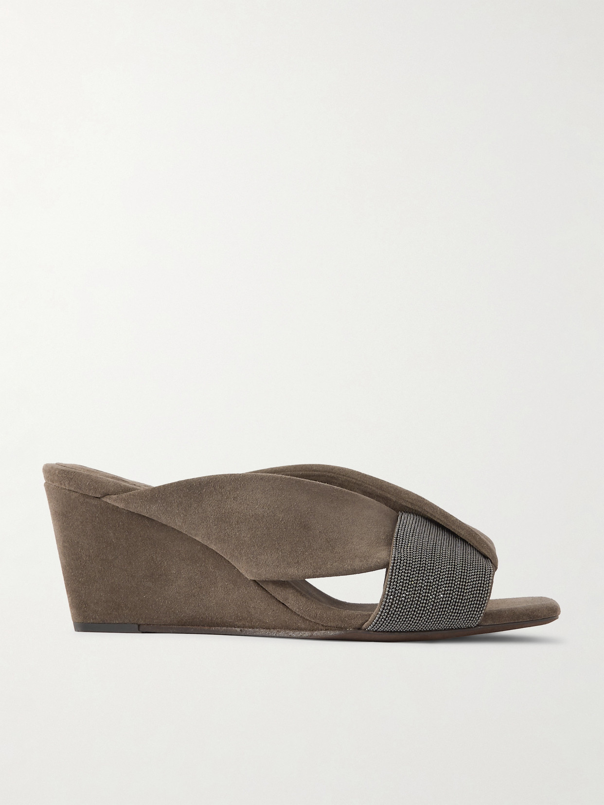 Brunello Cucinelli Bead-embellished Suede Wedge Mules In Brown