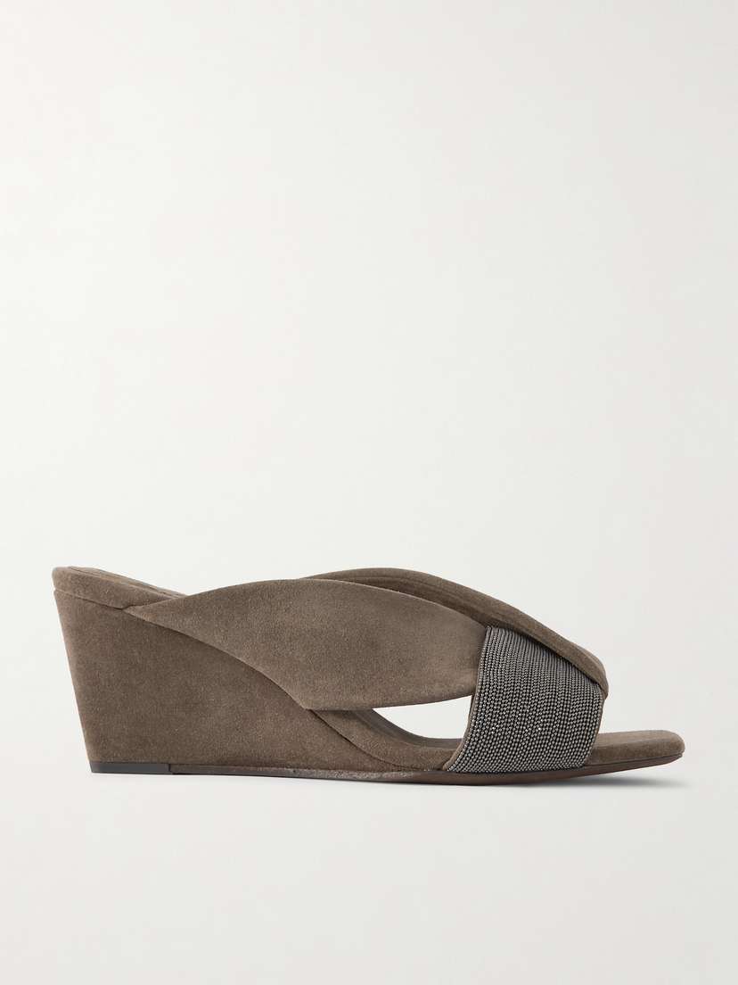 Brunello Cucinelli Bead-embellished Suede Wedge Mules
